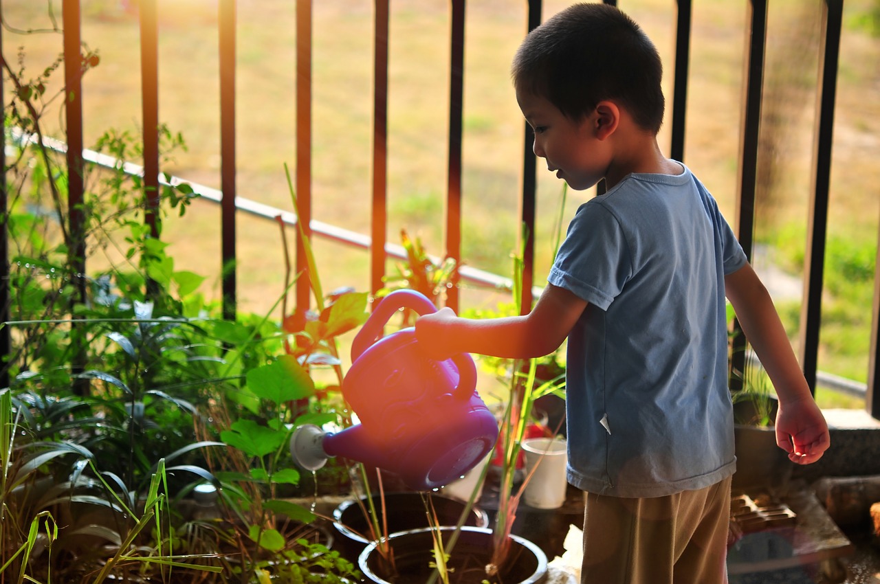 Niño regando plantas